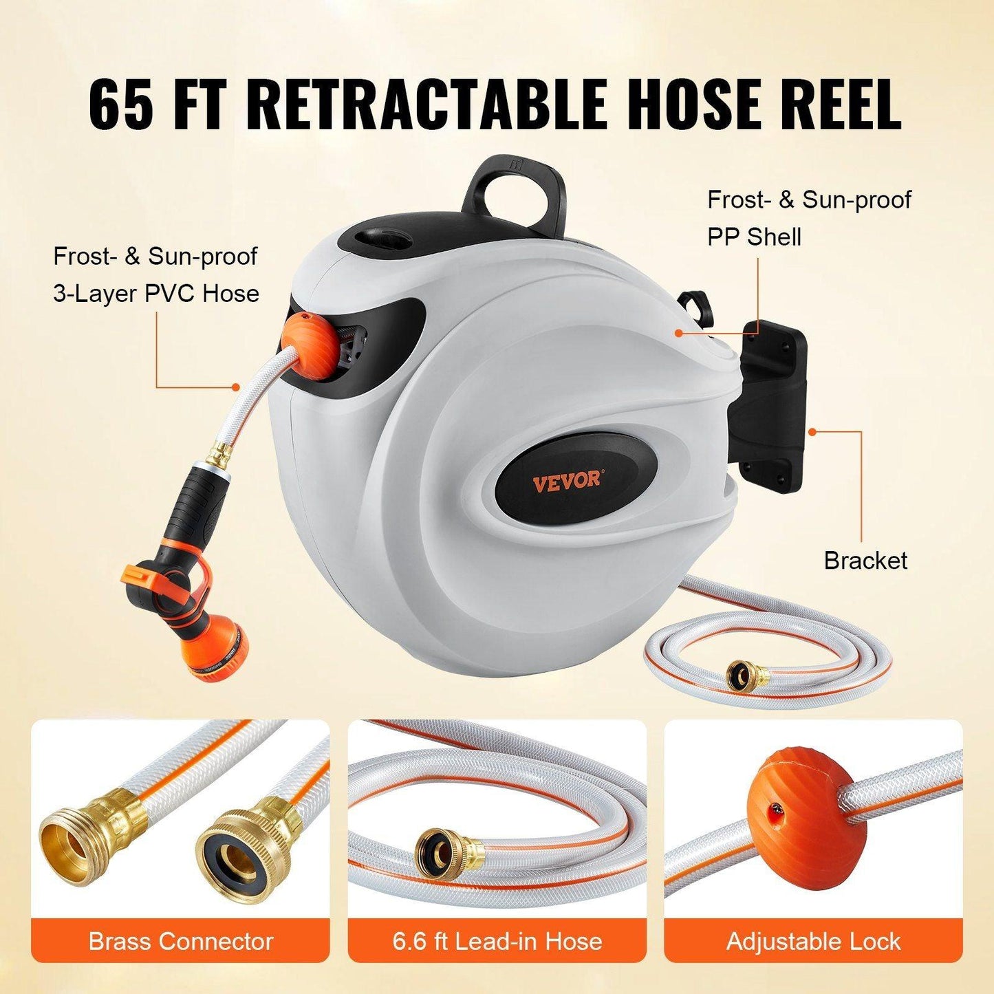 VEVOR Retractable Hose Reel Water Hose Reel 65'x5/8" 180° Swivel Wall - Mounted - Inside The Bars