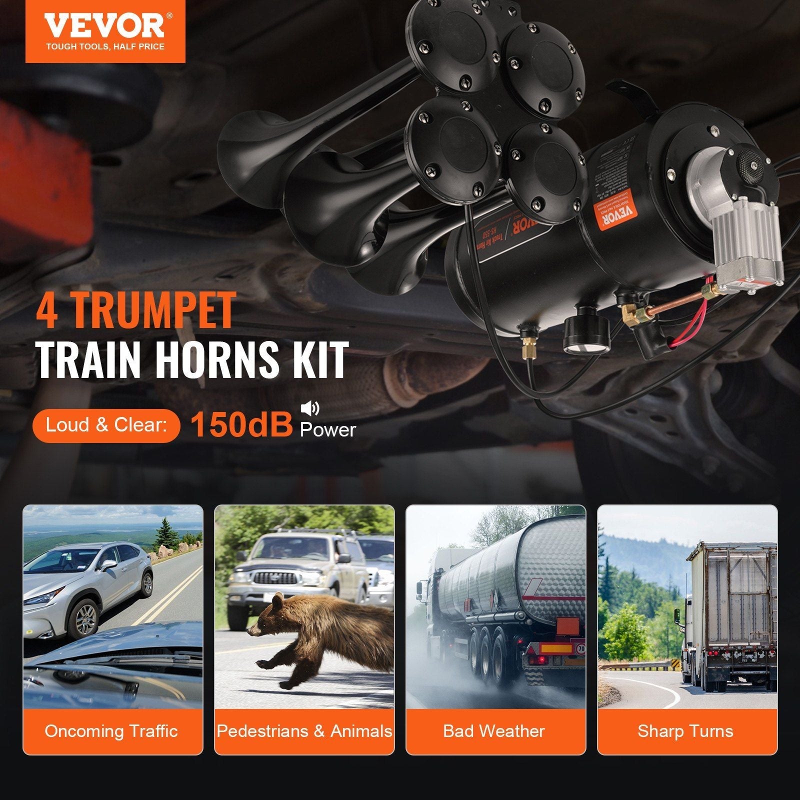 VEVOR Train Horns Kit 150dB 4 Trumpet Air Horns for Trucks - Inside The Bars