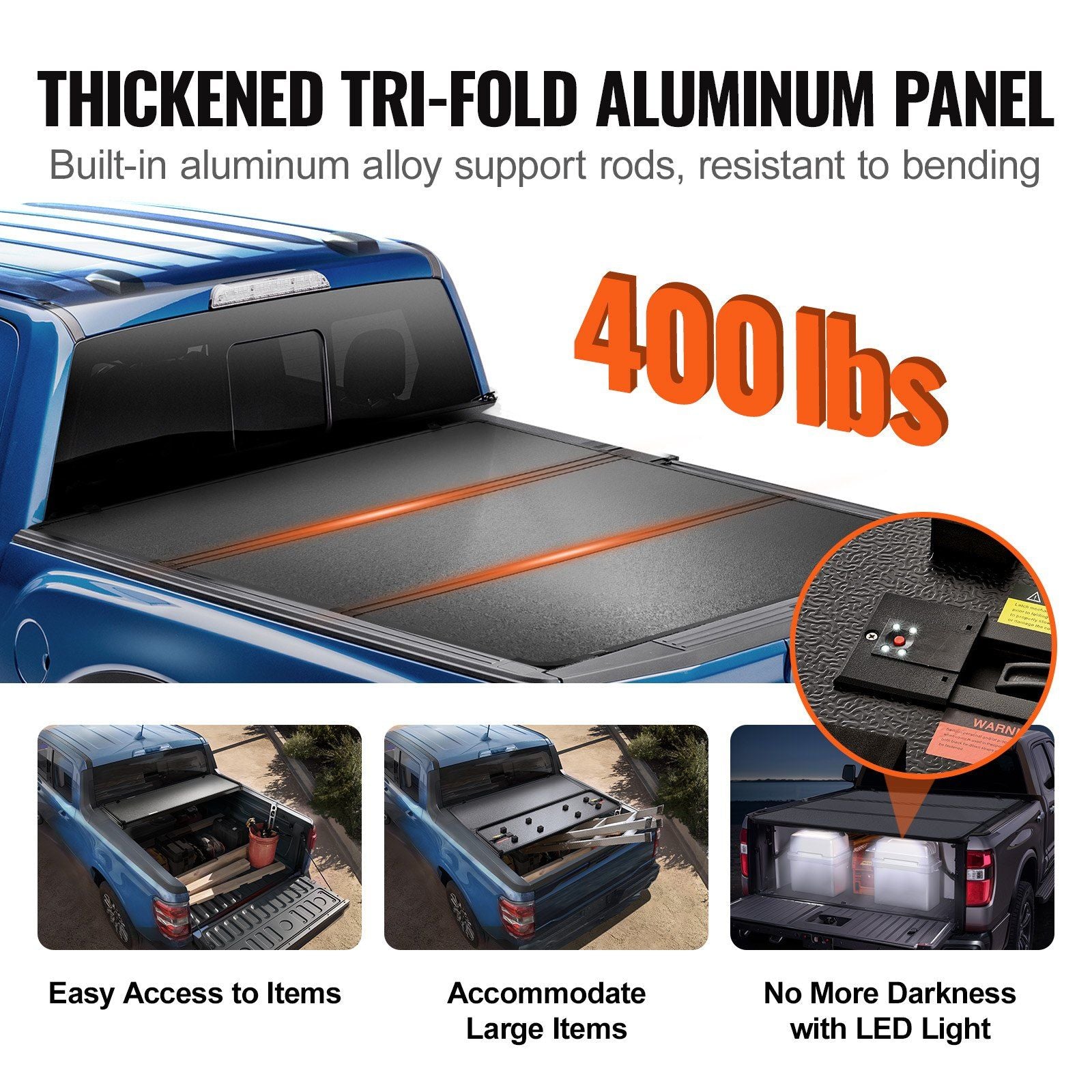 VEVOR Tri - Fold Truck Bed Tonneau Cover for 2015 - 2024 Ford F - 150 - Inside The Bars