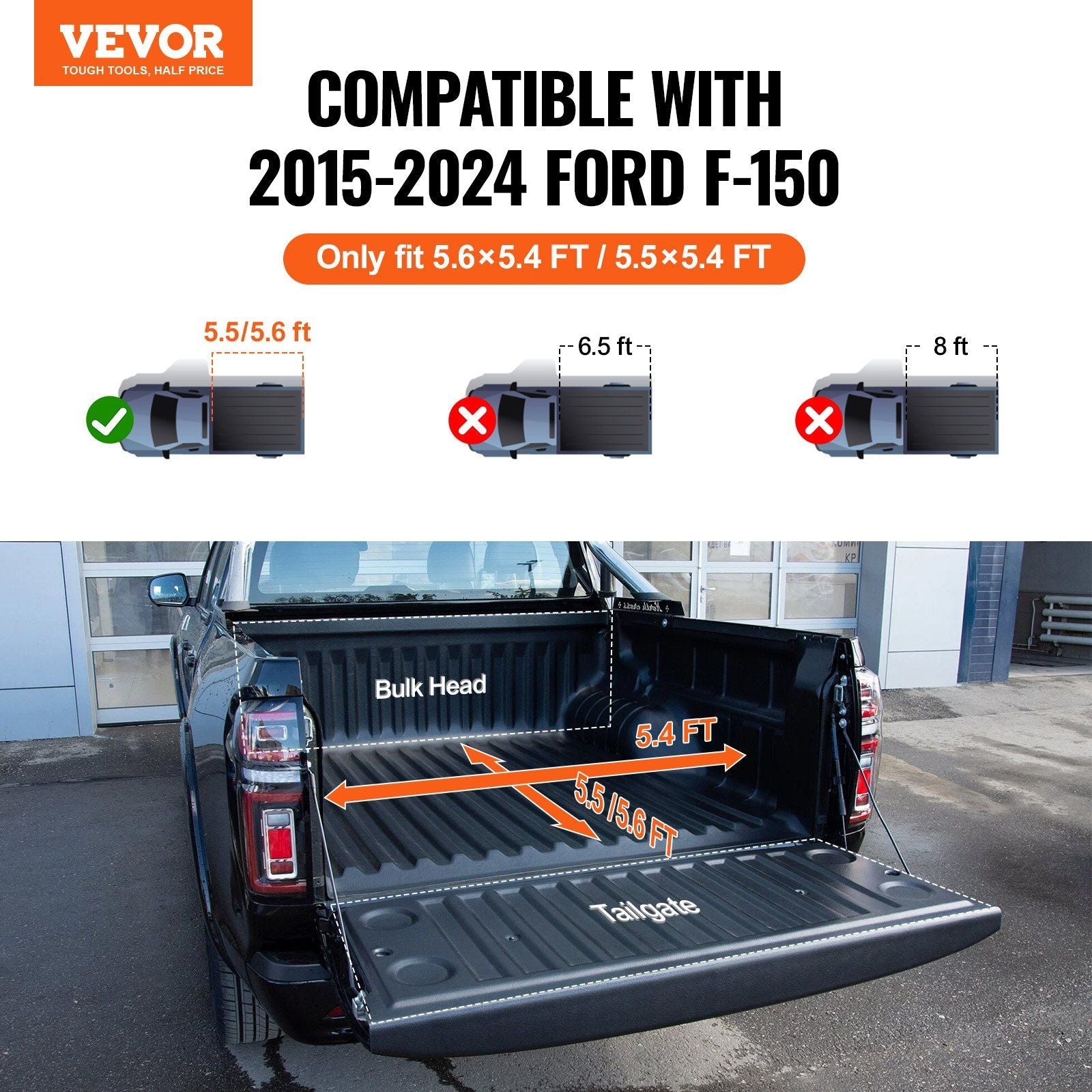 VEVOR Tri - Fold Truck Bed Tonneau Cover for 2015 - 2024 Ford F - 150 - Inside The Bars