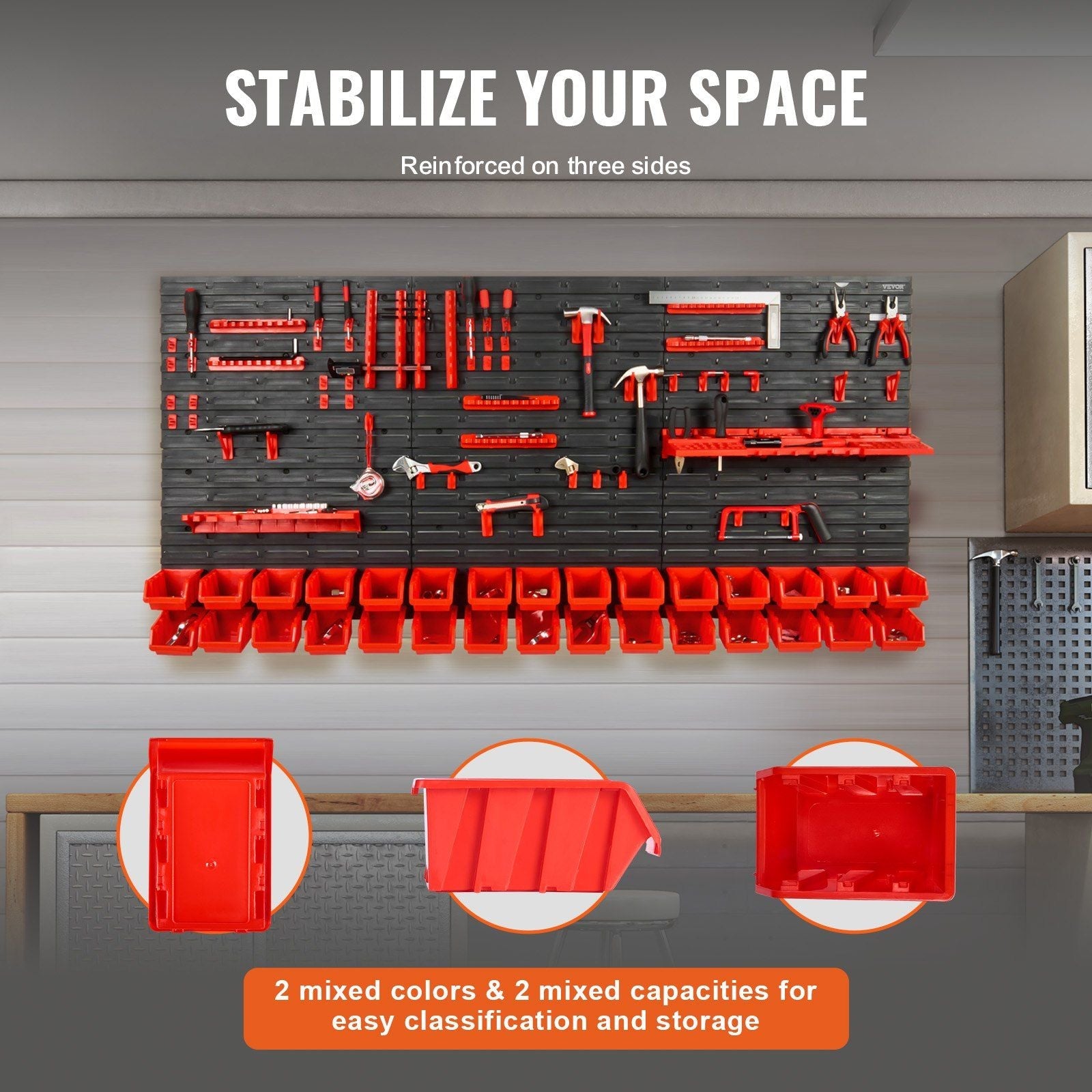 VEVOR Wall Mounted Storage Bins 30 - Bin Tool Organizer Black Red - Inside The Bars