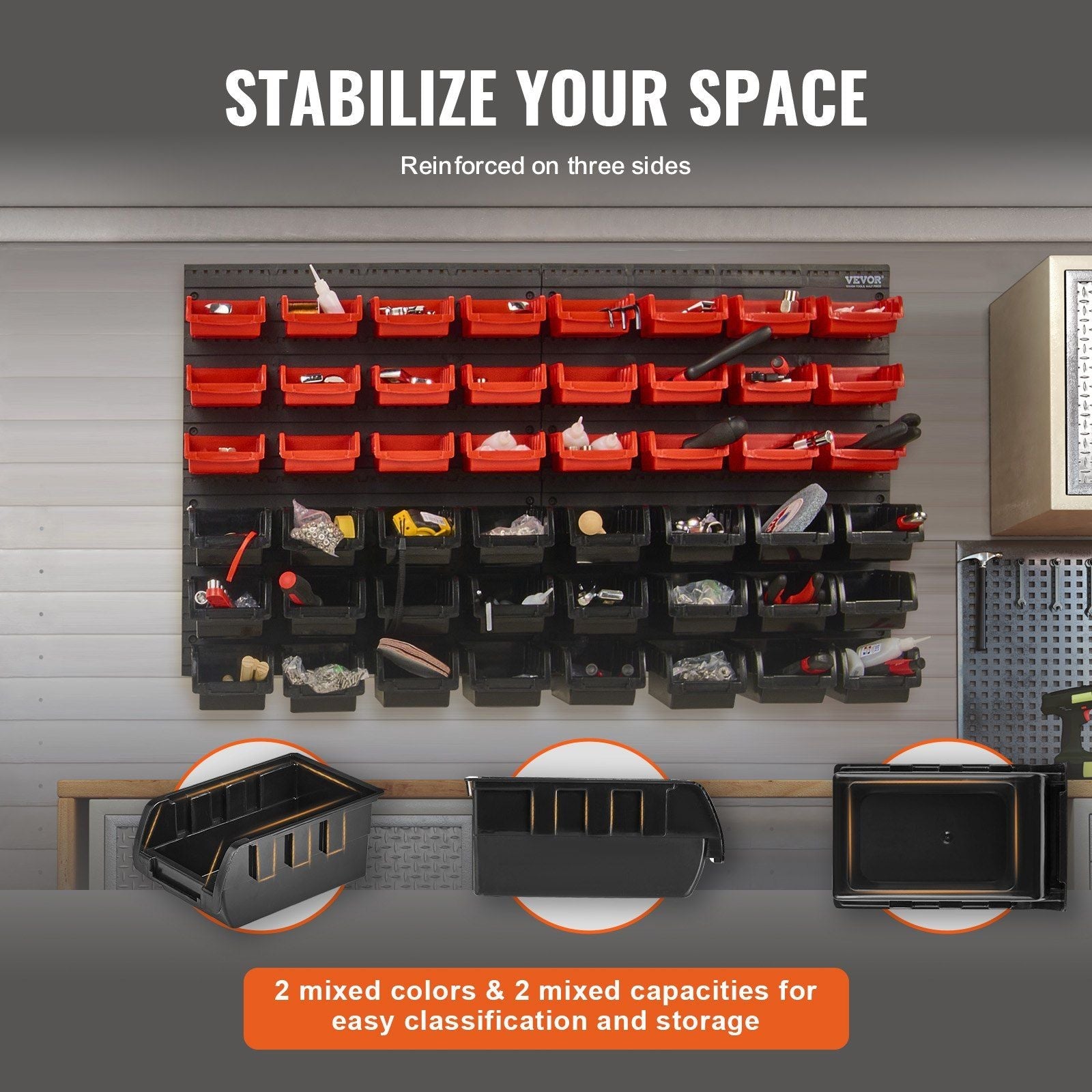VEVOR Wall Mounted Storage Bins 48 - Bin Organizer Black Red - Inside The Bars