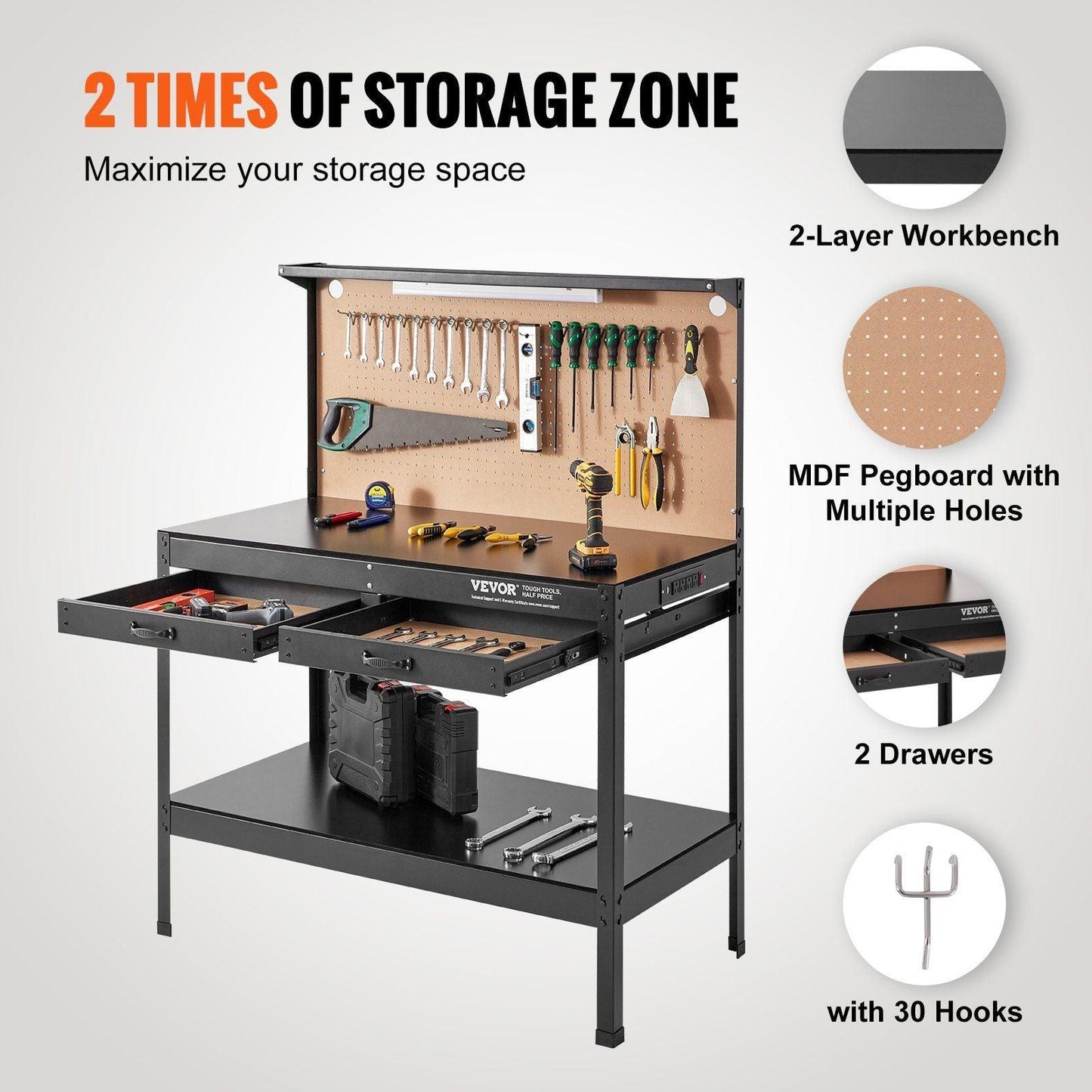 VEVOR Workbench A3 Steel Work Bench For Garage max. 1500W Heavy Duty Workbench 220lbs Weight Capacity 0.47" Bench top Thickness Hardwood Workbench 1.5m Cable 4xAC outlets 2xUSB ports 30xHooks - Inside The Bars