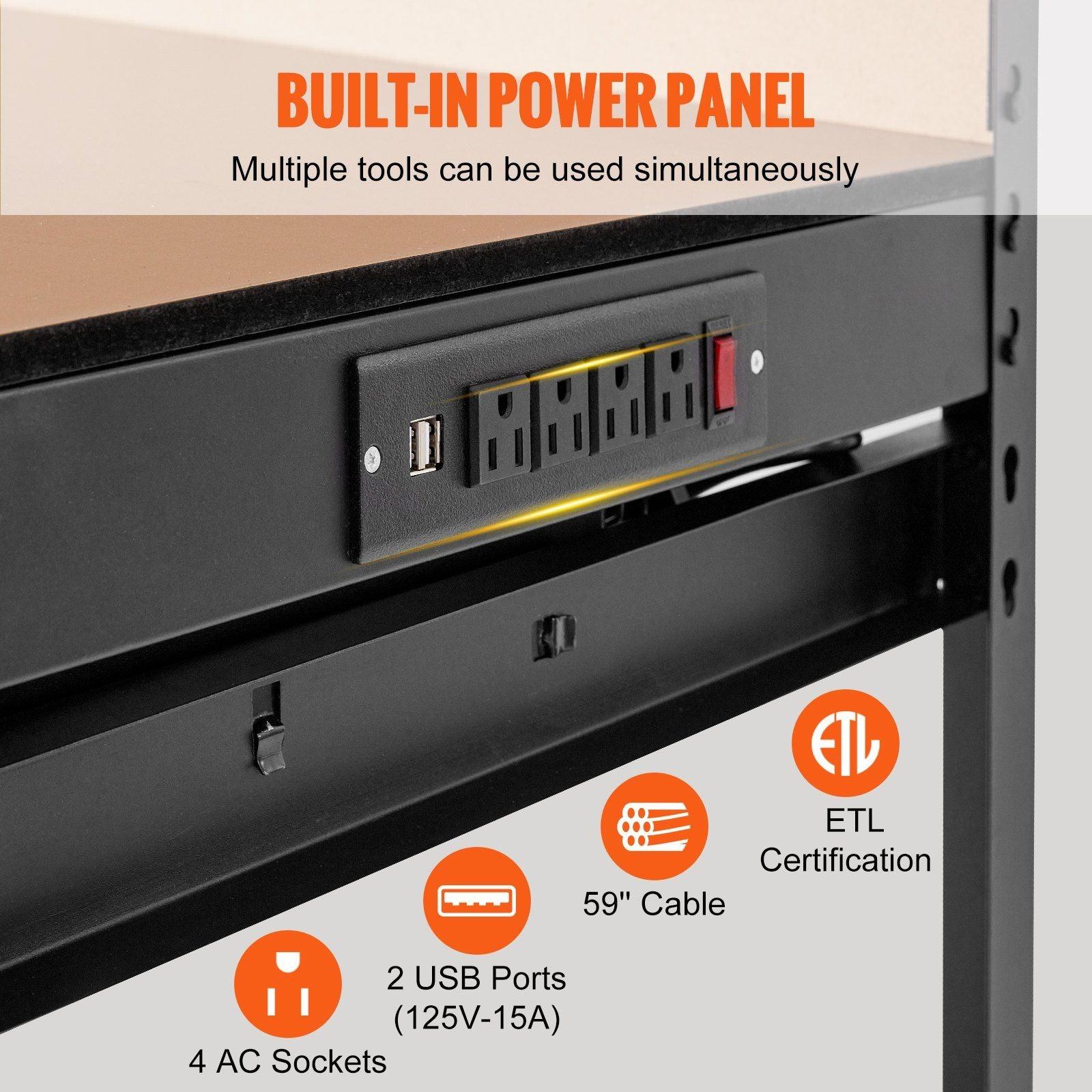 VEVOR Workbench A3 Steel Work Bench For Garage max. 1500W Heavy Duty Workbench 220lbs Weight Capacity 0.47" Bench top Thickness Hardwood Workbench 1.5m Cable 4xAC outlets 2xUSB ports 30xHooks - Inside The Bars