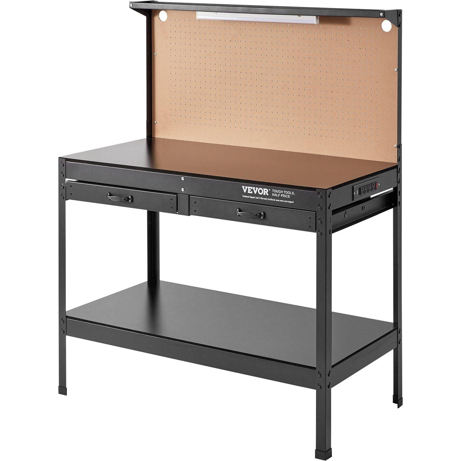 VEVOR Workbench A3 Steel Work Bench For Garage max. 1500W Heavy Duty Workbench 220lbs Weight Capacity 0.47" Bench top Thickness Hardwood Workbench 1.5m Cable 4xAC outlets 2xUSB ports 30xHooks - Inside The Bars