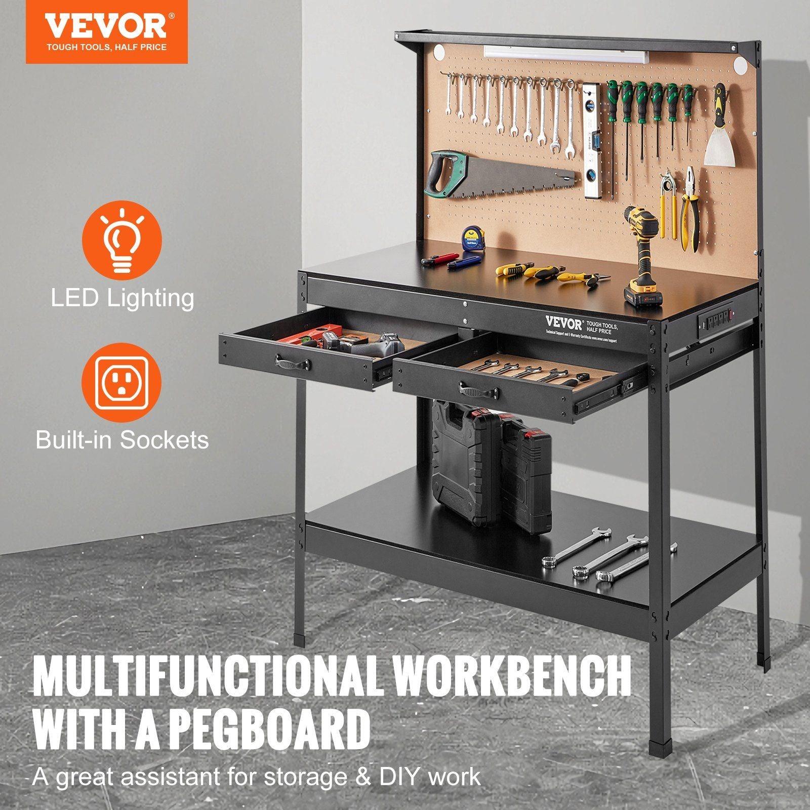 VEVOR Workbench A3 Steel Work Bench For Garage max. 1500W Heavy Duty Workbench 220lbs Weight Capacity 0.47" Bench top Thickness Hardwood Workbench 1.5m Cable 4xAC outlets 2xUSB ports 30xHooks - Inside The Bars