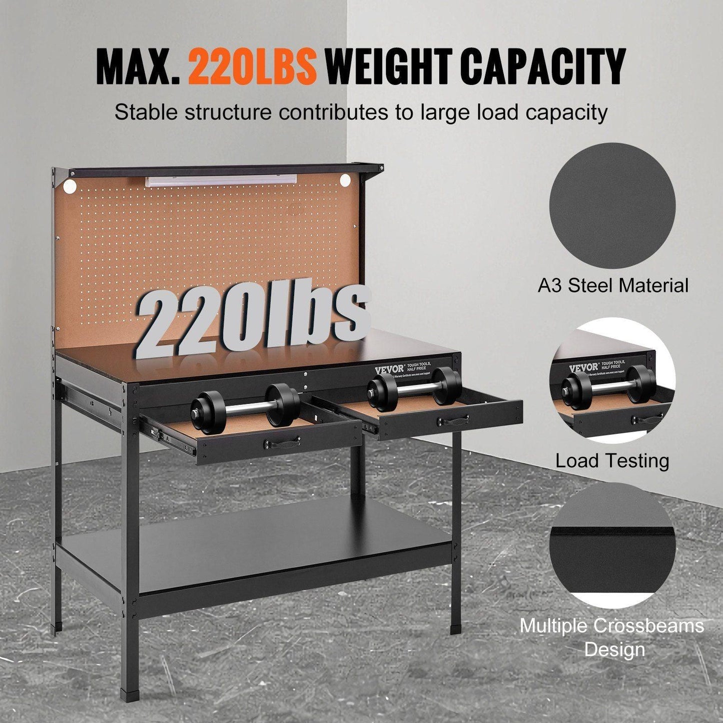 VEVOR Workbench A3 Steel Work Bench For Garage max. 1500W Heavy Duty Workbench 220lbs Weight Capacity 0.47" Bench top Thickness Hardwood Workbench 1.5m Cable 4xAC outlets 2xUSB ports 30xHooks - Inside The Bars