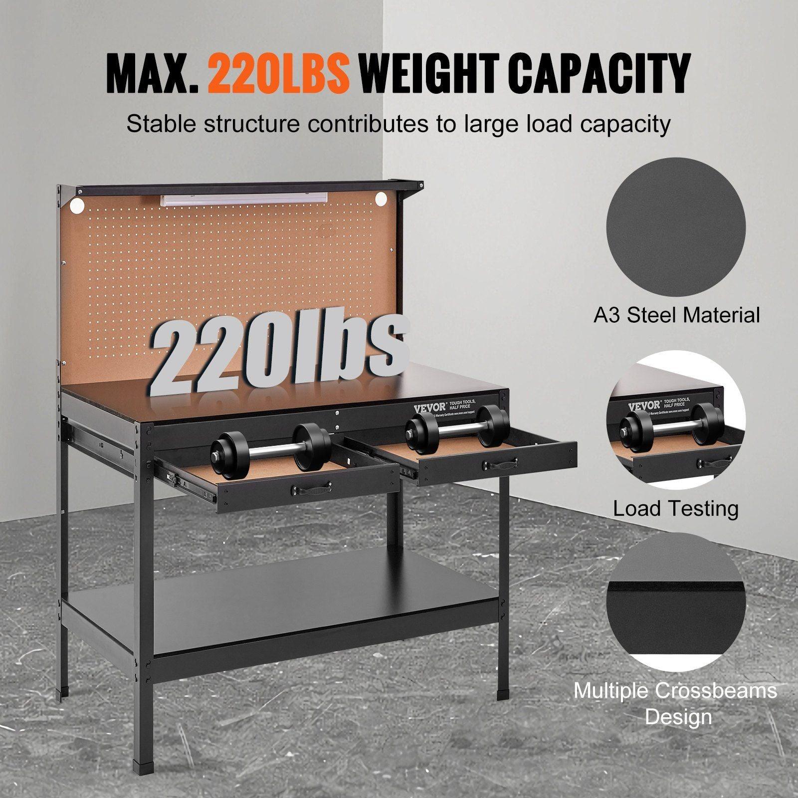VEVOR Workbench A3 Steel Work Bench For Garage max. 1500W Heavy Duty Workbench 220lbs Weight Capacity 0.47" Bench top Thickness Hardwood Workbench 1.5m Cable 4xAC outlets 2xUSB ports 30xHooks - Inside The Bars