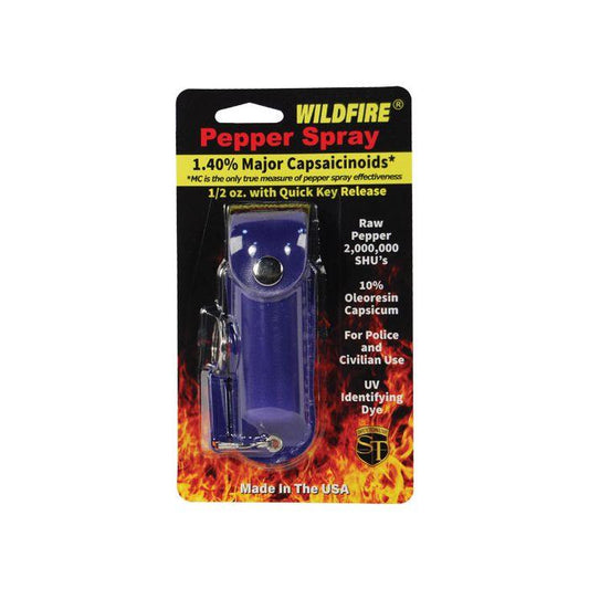 Wildfire 1.4% MC 1/2 oz Pepper Spray with Leatherette Holster & Quick Release Keychain - Blue - Inside The Bars