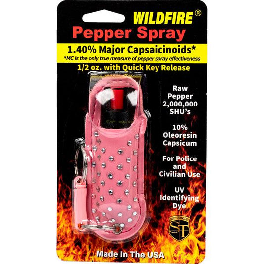 WildFire 1.4% MC Pepper Spray with Chic Halo Holster & Keychain - RHINESTONE PINK - Inside The Bars